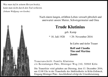 Anzeige von Trude Klutinius von Kölner Stadt-Anzeiger / Kölnische Rundschau / Express