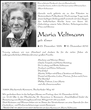 Anzeige von Maria Veltmann von Kölner Stadt-Anzeiger / Kölnische Rundschau / Express