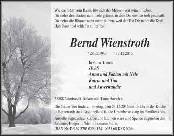 Anzeige von Bernd Wienstroth von  Lokalanzeiger 