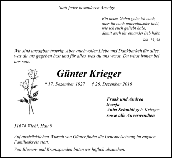 Anzeige von Günter Krieger von Kölner Stadt-Anzeiger / Kölnische Rundschau / Express