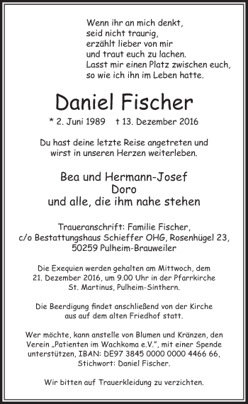 Anzeige von Daniel Fischer von  Sonntags-Post 
