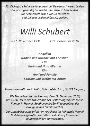 Anzeige von Willi Schubert von Kölner Stadt-Anzeiger / Kölnische Rundschau / Express