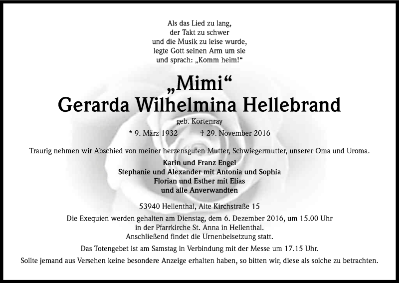  Traueranzeige für Gerarda Wilhelmina Hellebrand vom 03.12.2016 aus Kölner Stadt-Anzeiger / Kölnische Rundschau / Express