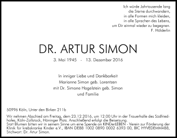 Anzeige von Arthur Simon von Kölner Stadt-Anzeiger / Kölnische Rundschau / Express