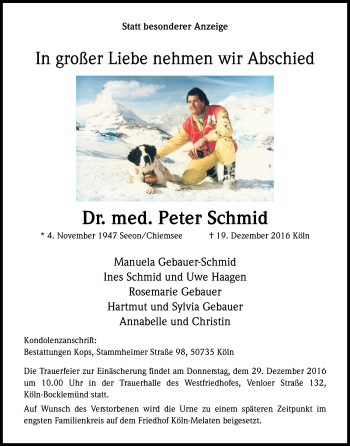 Anzeige von Peter Schmid von Kölner Stadt-Anzeiger / Kölnische Rundschau / Express