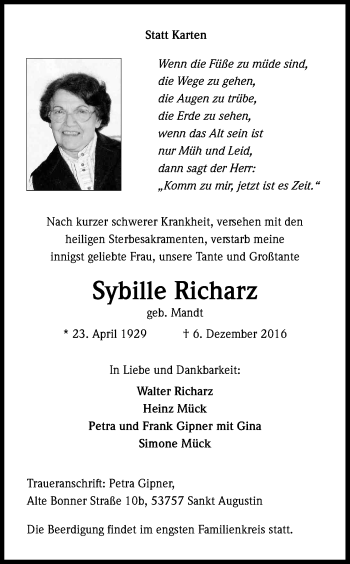 Anzeige von Sybille Richarz von Kölner Stadt-Anzeiger / Kölnische Rundschau / Express