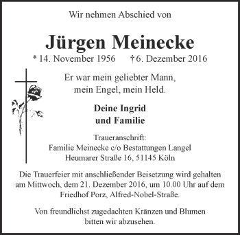 Anzeige von Jürgen Meinecke von  Kölner Wochenspiegel 