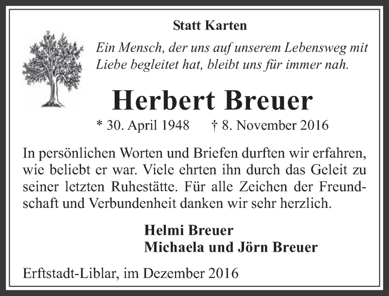  Traueranzeige für Herbert Breuer vom 07.12.2016 aus  Werbepost 