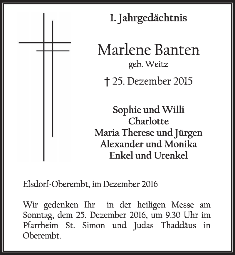  Traueranzeige für Marlene Banten vom 24.12.2016 aus  Sonntags-Post 