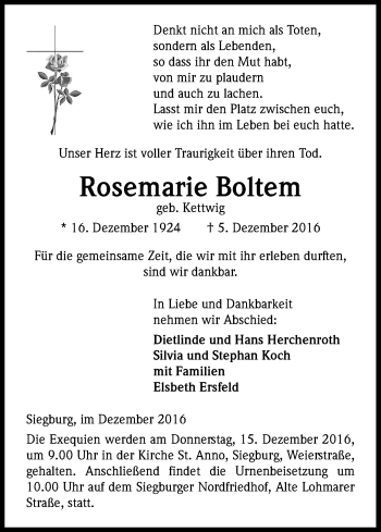 Anzeige von Rosemarie Boltem von Kölner Stadt-Anzeiger / Kölnische Rundschau / Express