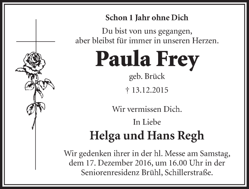  Traueranzeige für Paula Frey vom 07.12.2016 aus  Schlossbote/Werbekurier 