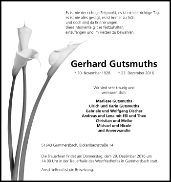 Anzeige von Gerhard Gutsmuths von Kölner Stadt-Anzeiger / Kölnische Rundschau / Express
