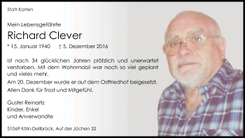 Anzeige von Richard Clever von Kölner Stadt-Anzeiger / Kölnische Rundschau / Express