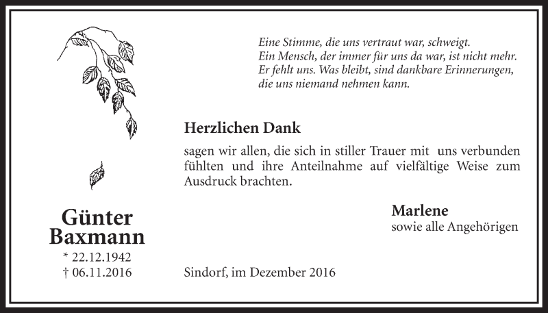  Traueranzeige für Günter Baxmann vom 10.12.2016 aus  Sonntags-Post 