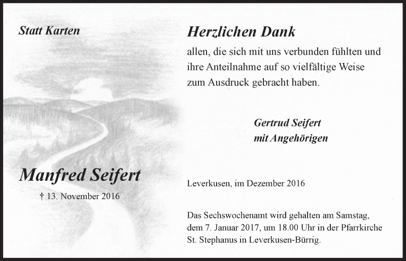  Traueranzeige für Manfred Seifert vom 14.12.2016 aus  Lokale Informationen 