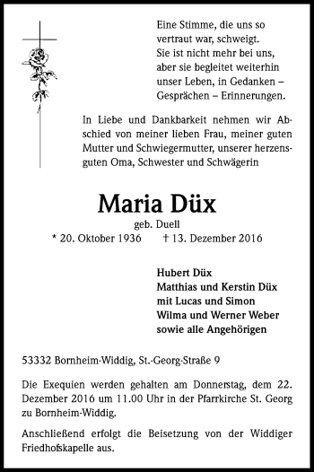 Anzeige von Maria Düx von Kölner Stadt-Anzeiger / Kölnische Rundschau / Express