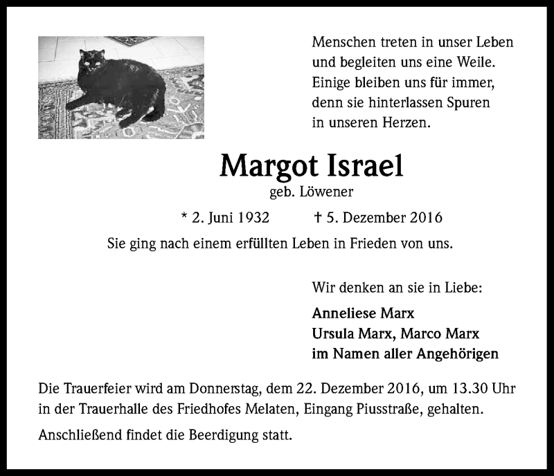  Traueranzeige für Margot Israel vom 17.12.2016 aus Kölner Stadt-Anzeiger / Kölnische Rundschau / Express
