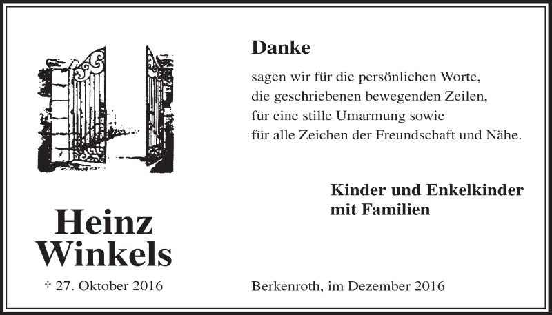  Traueranzeige für Heinz Winkels vom 14.12.2016 aus  Lokalanzeiger 