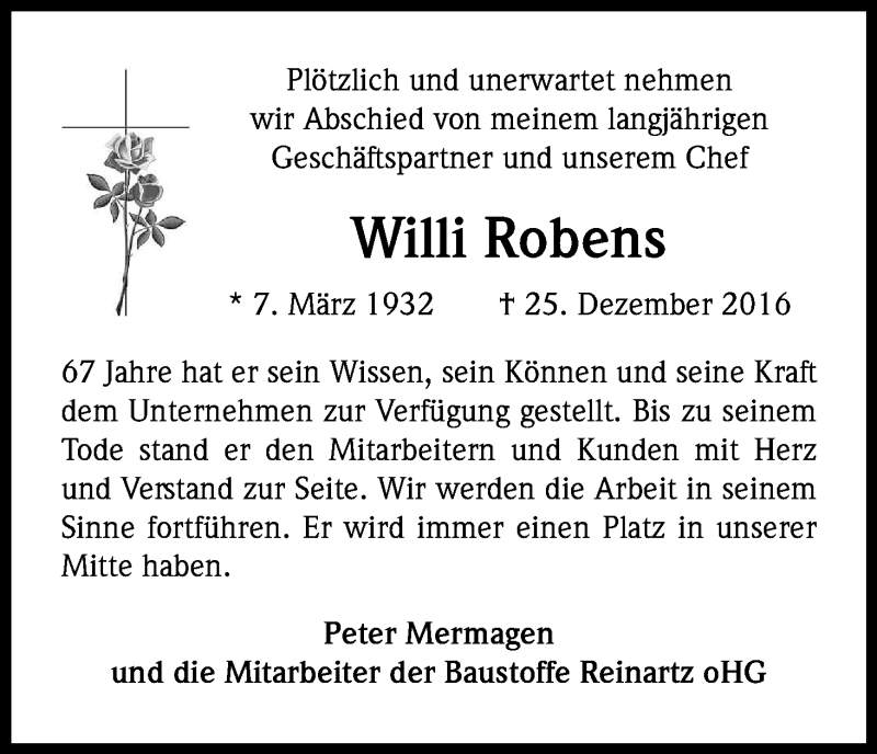  Traueranzeige für Willi Robens vom 31.12.2016 aus Kölner Stadt-Anzeiger / Kölnische Rundschau / Express