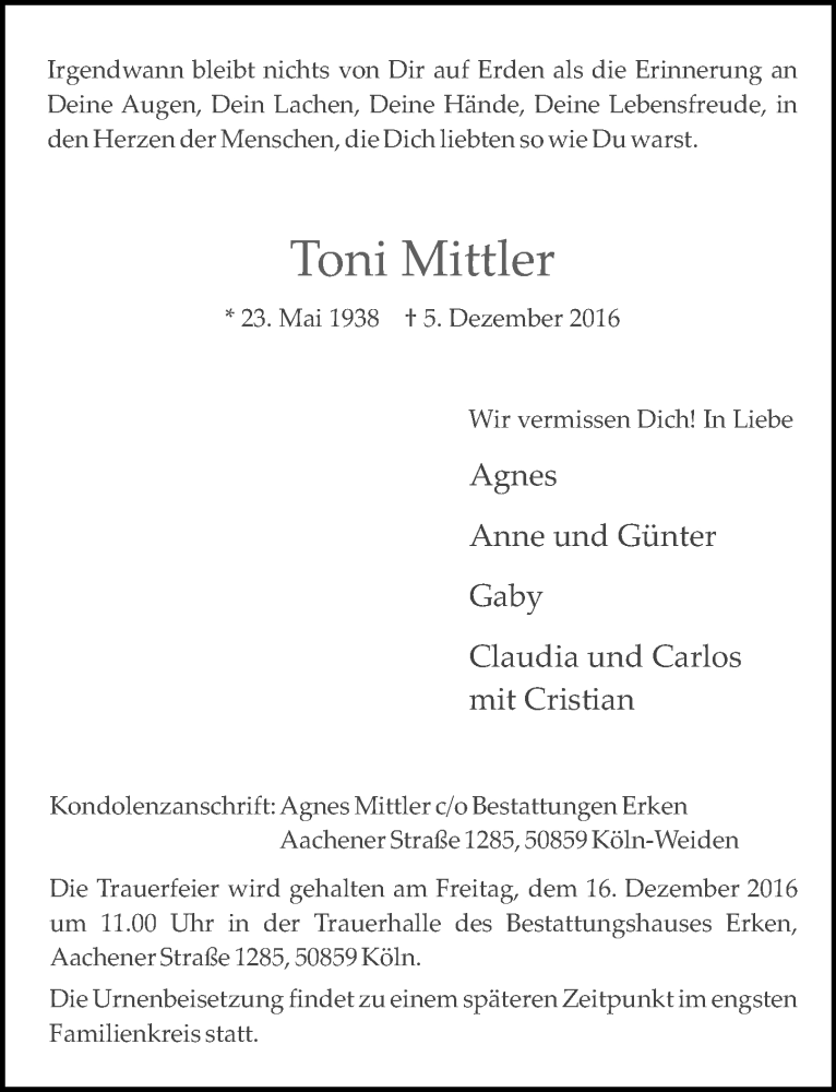  Traueranzeige für Toni Mittler vom 14.12.2016 aus  Wochenende 