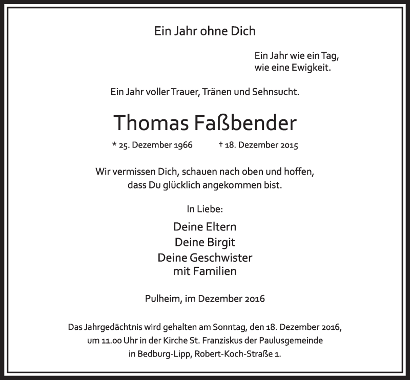  Traueranzeige für Thomas Faßbender vom 17.12.2016 aus  Sonntags-Post 