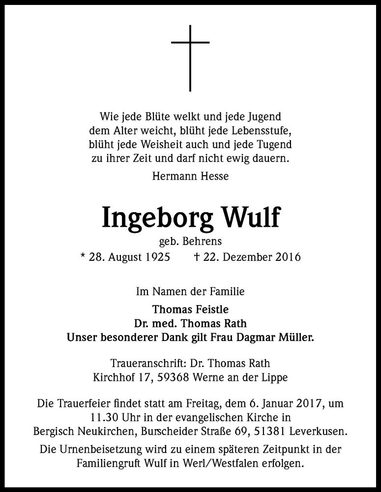  Traueranzeige für Ingeborg Wulf vom 31.12.2016 aus Kölner Stadt-Anzeiger / Kölnische Rundschau / Express