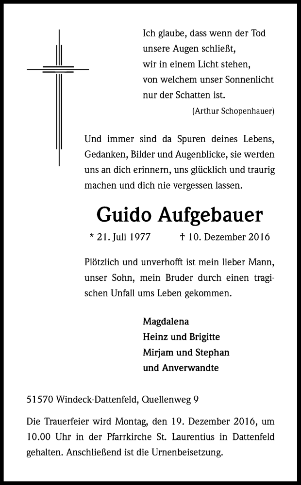  Traueranzeige für Guido Aufgebauer vom 17.12.2016 aus Kölner Stadt-Anzeiger / Kölnische Rundschau / Express