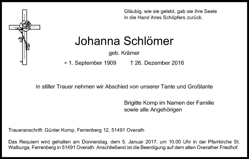  Traueranzeige für Johanna Schlömer vom 31.12.2016 aus Kölner Stadt-Anzeiger / Kölnische Rundschau / Express