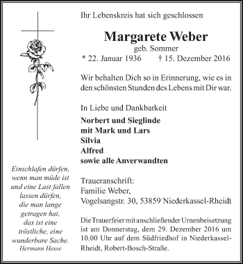 Anzeige von Margarete Weber von  Extra Blatt 