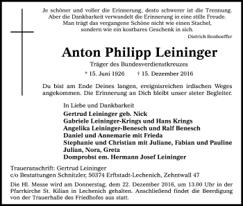 Anzeige von Anton Philipp Leininger von Kölner Stadt-Anzeiger / Kölnische Rundschau / Express