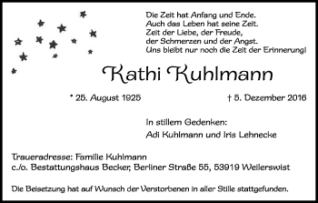Anzeige von Kathi Kuhlmann von Kölner Stadt-Anzeiger / Kölnische Rundschau / Express