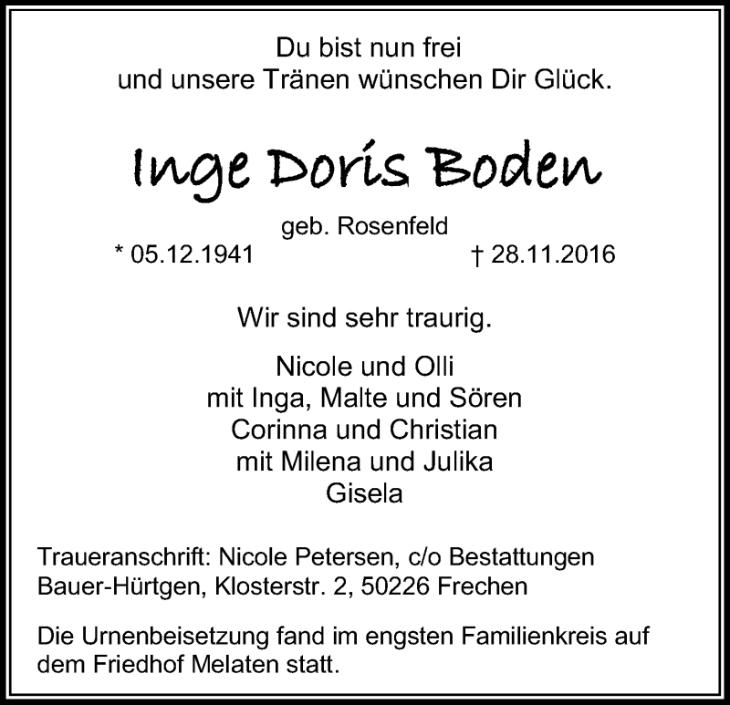  Traueranzeige für Inge Doris Boden vom 10.12.2016 aus Kölner Stadt-Anzeiger / Kölnische Rundschau / Express