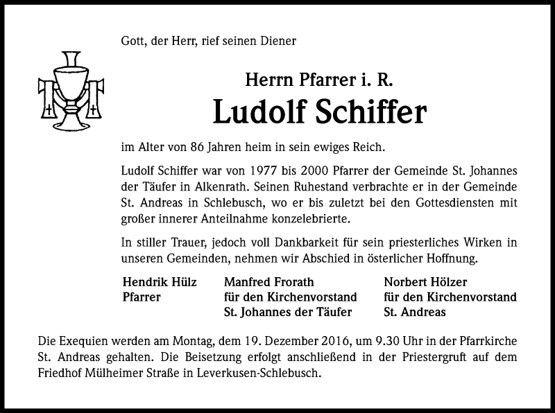  Traueranzeige für Ludolf Schiffer vom 17.12.2016 aus Kölner Stadt-Anzeiger / Kölnische Rundschau / Express