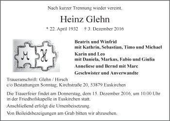 Anzeige von Heinz Glehn von  Blickpunkt Euskirchen 