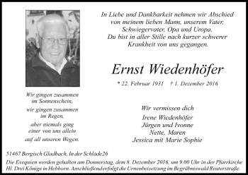 Anzeige von Ernst Wiedenhöfer von Kölner Stadt-Anzeiger / Kölnische Rundschau / Express
