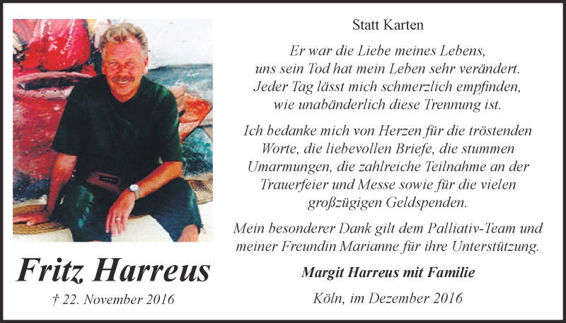  Traueranzeige für Fritz Harreus vom 28.12.2016 aus  Kölner Wochenspiegel 