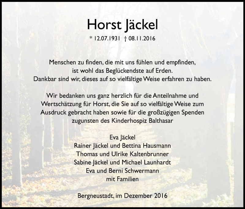  Traueranzeige für Horst Jäckel vom 24.12.2016 aus Kölner Stadt-Anzeiger / Kölnische Rundschau / Express