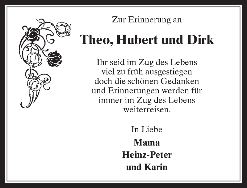  Traueranzeige für Theo Hubert und Dirk vom 21.12.2016 aus  Wochenende 
