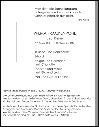 Anzeige von Wilma Frackenpohl von Kölner Stadt-Anzeiger / Kölnische Rundschau / Express