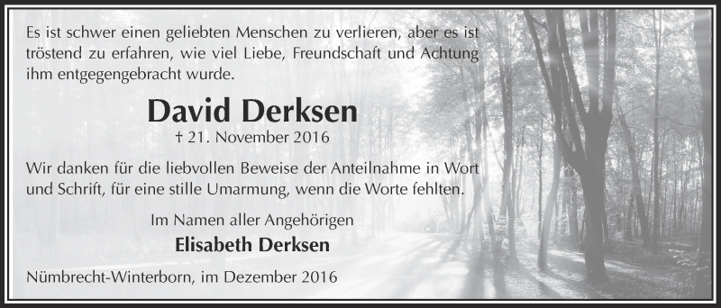  Traueranzeige für David Derksen vom 21.12.2016 aus  Lokalanzeiger 