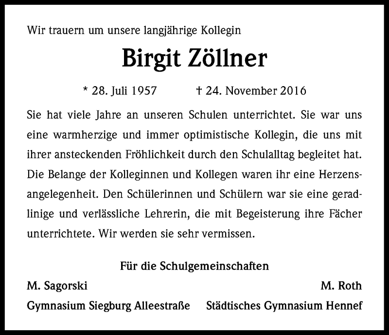  Traueranzeige für Birgit Zöllner vom 03.12.2016 aus Kölner Stadt-Anzeiger / Kölnische Rundschau / Express