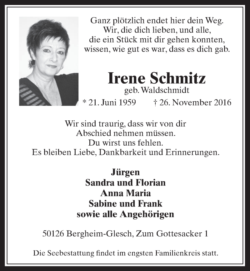  Traueranzeige für Irene Schmitz vom 07.12.2016 aus  Werbepost 