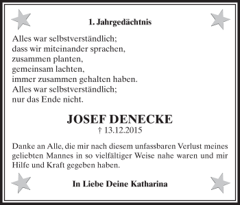 Anzeige von Josef Denecke von  Sonntags-Post 