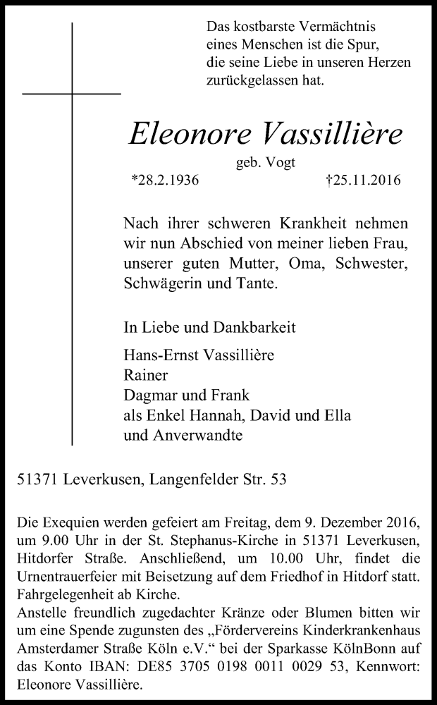  Traueranzeige für Eleonore Vassillière vom 03.12.2016 aus Kölner Stadt-Anzeiger / Kölnische Rundschau / Express