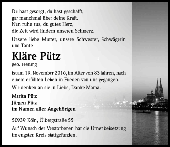 Anzeige von Kläre Pütz von Kölner Stadt-Anzeiger / Kölnische Rundschau / Express