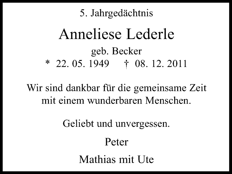  Traueranzeige für Anneliese Lederle vom 08.12.2016 aus Kölner Stadt-Anzeiger / Kölnische Rundschau / Express