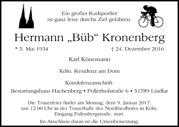 Anzeige von Hermann Kronenberg von Kölner Stadt-Anzeiger / Kölnische Rundschau / Express