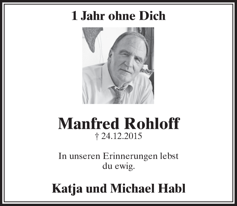  Traueranzeige für Manfred Rohloff vom 24.12.2016 aus  Sonntags-Post 