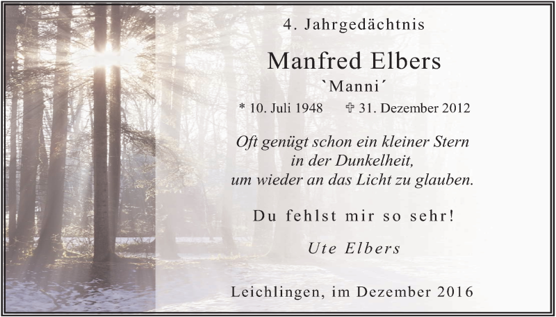  Traueranzeige für Manfred Elbers vom 28.12.2016 aus  Lokale Informationen 