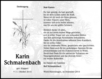 Anzeige von Karin Schmalenbach von Kölner Stadt-Anzeiger / Kölnische Rundschau / Express